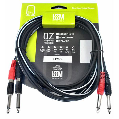 Leem 3m Double Interconnect Cable - 2 x 1/4" Mono Plugs to 2 x RCA Jacks or 2 x 1/4" Mono Plugs