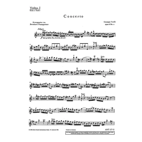 Torelli Concerto Op. 8 No. 2 Violin 1 Solo & Tutti Part, Schott Music, 4 Pages