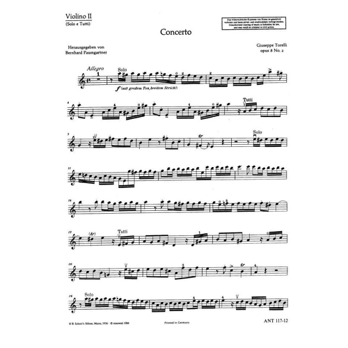 Torelli Concerto Op. 8 No. 2 Violin 2 Solo & Tutti Part - Schott Music, 4 Pages