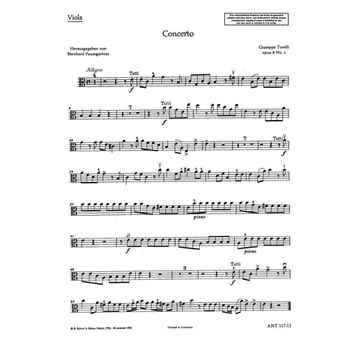 Torelli Concerto Op. 8 No. 2 Viola Part - Schott Music, 3 Pages
