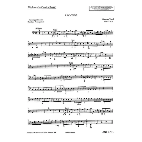 Torelli Concerto Op. 8 No. 2 Cello/Double Bass Part by Schott Music, 3 Pages