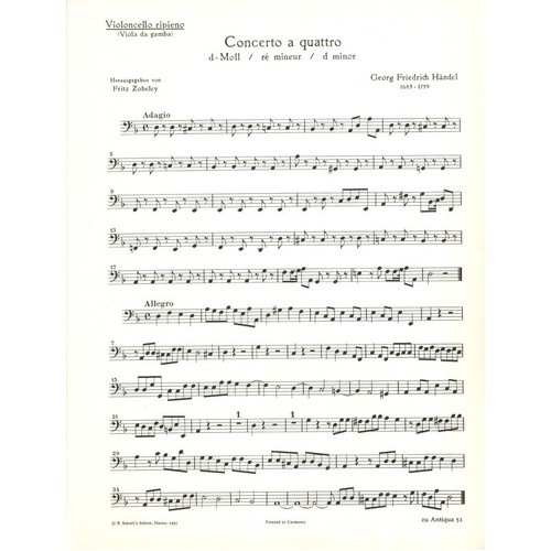 Concerto a Quattro TWV 43 D 3 Cello Part by Telemann, Publisher Schott Music, 3 Pages
