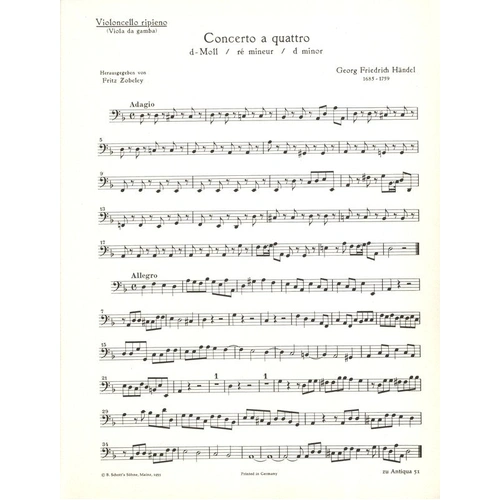 Concerto a Quattro TWV 43 D 3 Cello Part by Georg Philipp Telemann, Schott Music, 3 Pages
