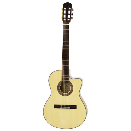 Aria A48CE Thin Body Acoustic/Electric Classical Guitar with Cutaway, Solid Spruce Top, Flamed Maple Back, Fishman Preamp System
