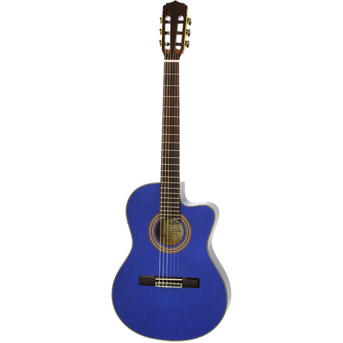 Aria A48CE Thin Body Acoustic/Electric Classical Guitar with Cutaway, Solid Spruce Top, Flamed Maple Back, See-Thru Blue