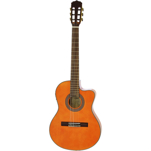 Aria A48CE Thin Body Cutaway Acoustic/Electric Classical Guitar See-Thru Orange with Solid Spruce Top and Fishman Preamp System