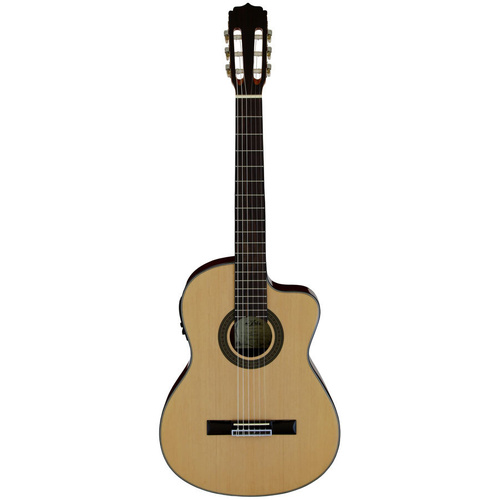 Aria AK30CETN Thin Body Acoustic/Electric Classical Guitar with Cutaway, Spruce Top, Sapele Back, AEQ-4 Preamp