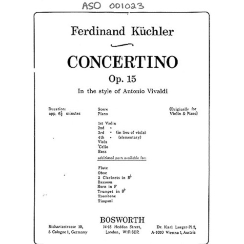 Kuchler - Concertino D Op 15 Orchestra Score/Parts Book