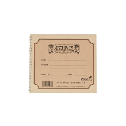 Archives Spiral Bound Manuscript Paper Book, 6 Stave, 64 Pages Book