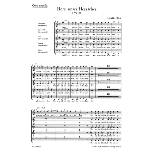 "Herr, Unser Herrscher" Für Zwei Vierstimmige Chöre, Fünfstimmige Instrumental-Capella Ad Lib. Und Basso Continuo Swv 27