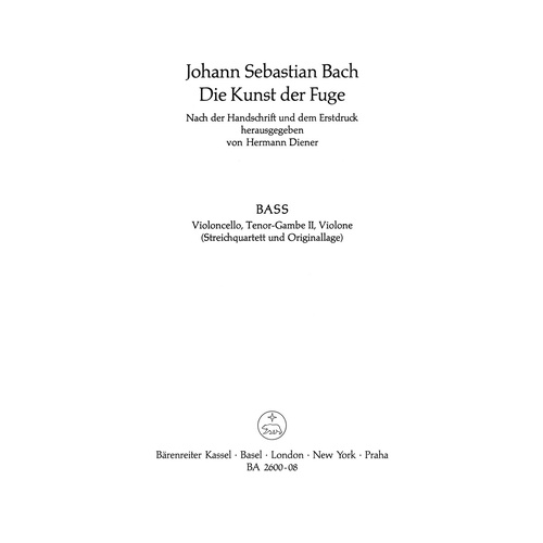 Art of Fugue Bass VC/KBD Cello Sheet Music
