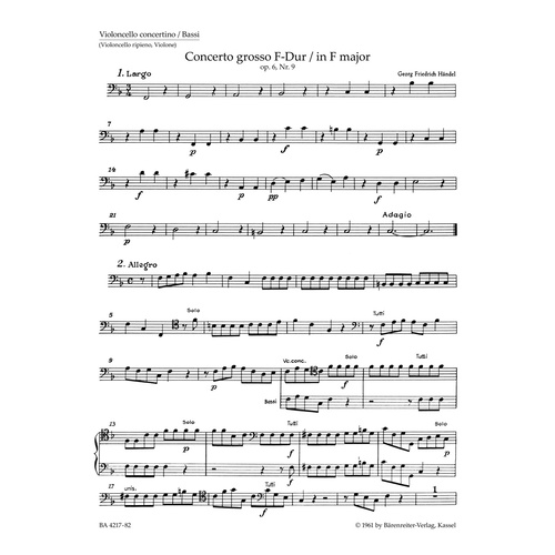 Concerto Grosso In F Major Op. 6/9 Hwv 327