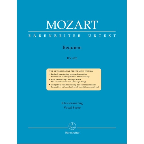 Mozart Requiem K 626 Vocal Score by Heinz Moehn, 80 Pages, Urtext Edition, Published by Barenreiter