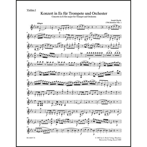 Concert for Trumpet and Orchestra in Eb Major - Violin 1 - Haydn - Barenreiter BA4669-74