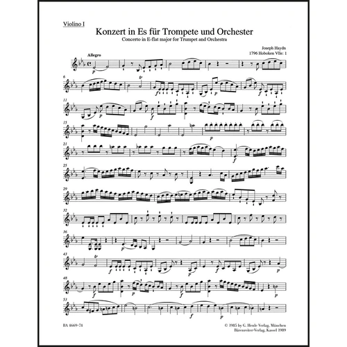 Concert for Trumpet and Orchestra in Eb Major - Violin 1 - Haydn - Barenreiter BA4669-74