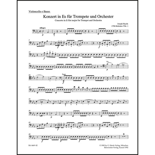 Concerto for Trumpet and Orchestra in Eb Major - Cello/Double Bass - Barenreiter BA04669-82
