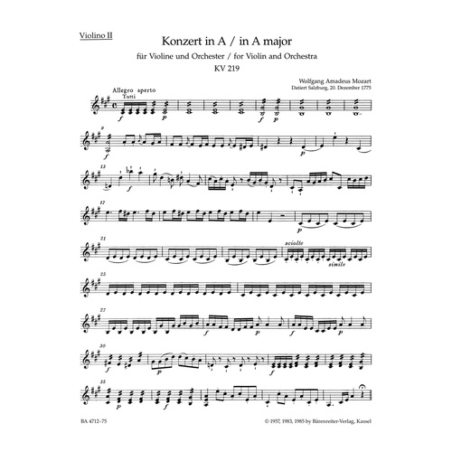 Violin Concerto No 5 in A K219 VLA Sheet Music