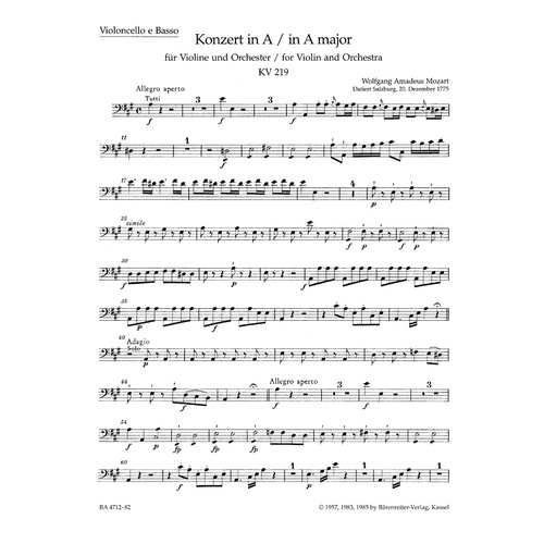 Violin Concerto No 5 in A K219 VC/KBD - Sheet Music