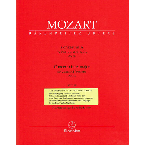 Violin Concerto No 5 in A Major K 219 Violin/Piano - Mozart Barenreiter BA4712-90