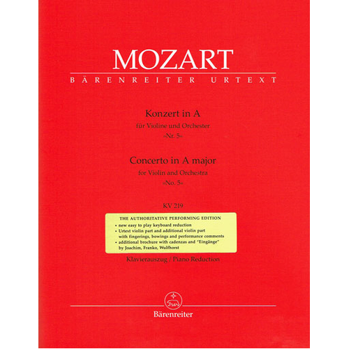 Violin Concerto No 5 in A Major K 219 for Violin/Piano - Mozart - Barenreiter BA4712-90