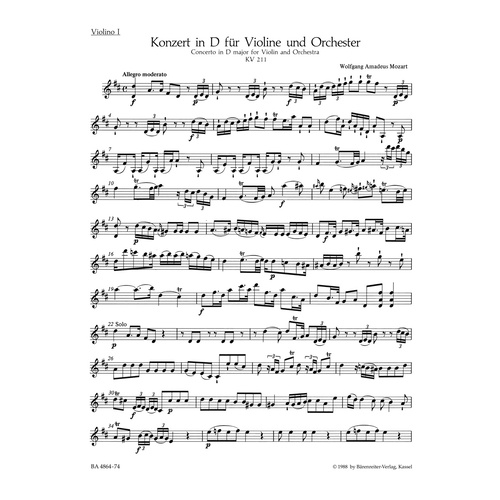 Violin Concerto No 2 in D Major K 211 for Violin II Sheet Music