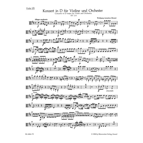 Violin Concerto No 2 in D Major K 211 for Viola Sheet Music