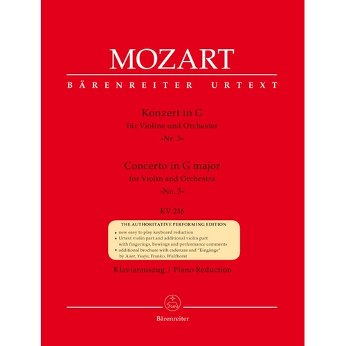Mozart Concerto No. 3 in G Major K. 216 for Violin and Piano, Urtext Edition, Martin Schelhaas, 70 Pages, Barenreiter