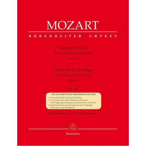 Mozart Concerto No. 4 in D Major K 218 for Violin and Piano, Urtext Edition, Barenreiter, 81 Pages