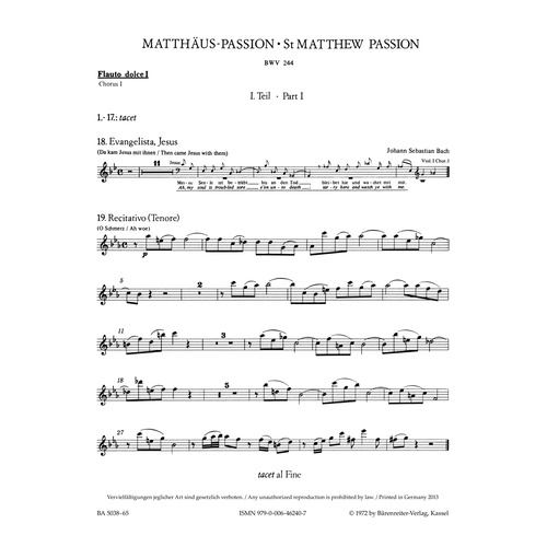 St Matthew Passion BWV 244 Full Orchestra Sheet Music