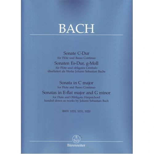 3 Flute Sonatas BWV 1020 1031 1033 for Flute and Piano by Johann Sebastian Bach, Published by Barenreiter, 65 Pages, Urtext Series