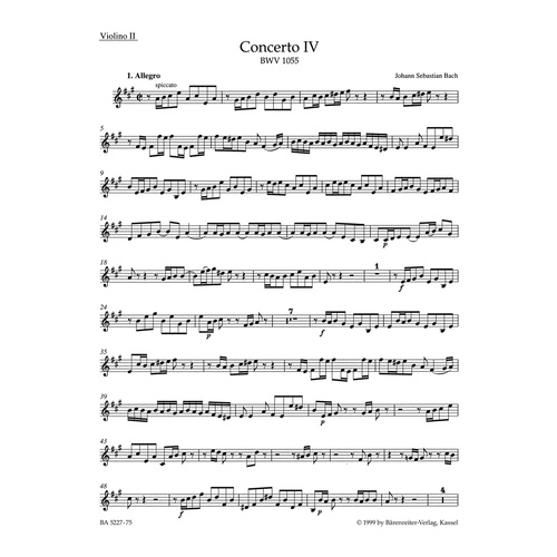 Concerto For Harpsichord And Strings No. 4 In A Major BWV 1055