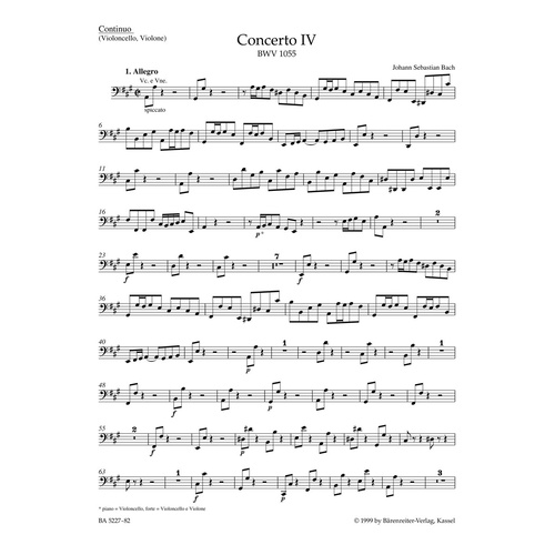 Concerto For Harpsichord And Strings No. 4 In A Major BWV 1055