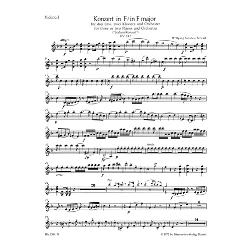 Concerto For Three Or Two Pianos And Orchestra No. 7 In F Major K. 242 "Lodron Concerto"