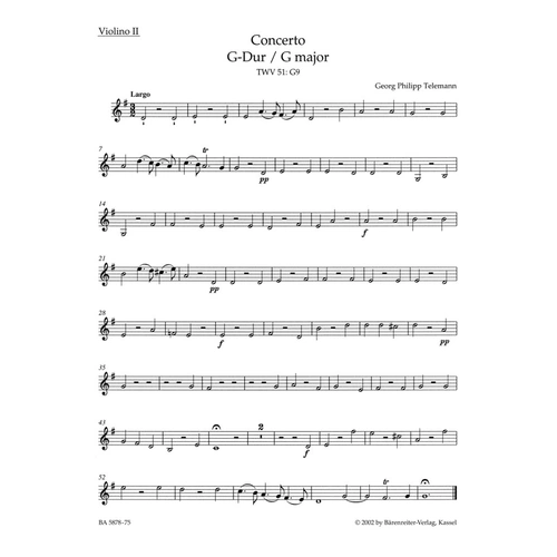 Concerto G Vla Strings BC TWV 51:G9 Vln2 Part by Telemann, Barenreiter, 4 Pages, Urtext Series