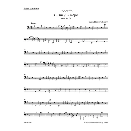 Concerto G Viola Strings BC TWV 51:G9 VC/DB Part by Telemann, Barenreiter, Urtext Edition, 4 Pages
