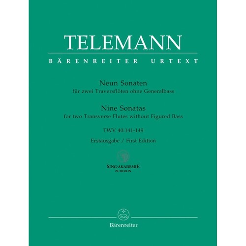 Telemann - 9 Sonatas For 2 Flutes Twv40: 141-149 (Softcover Book) Urtext Edition Book