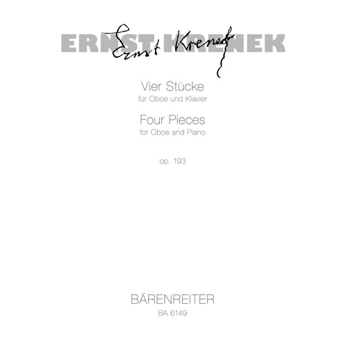 Krenek - Four Pieces Op. 193 for Oboe and Piano, 13 Pages, Published by Barenreiter