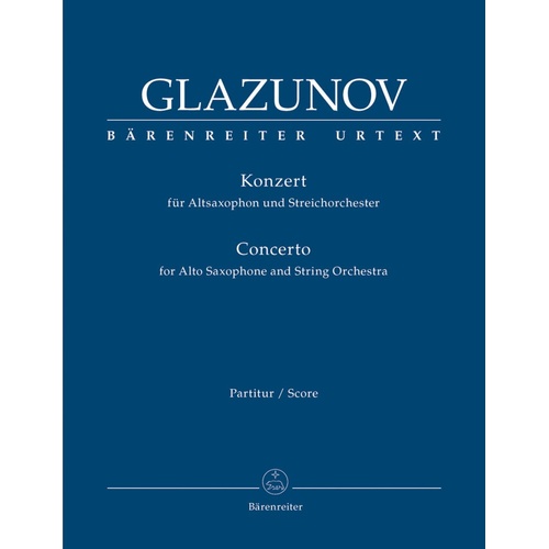 Glazunov Concerto for Alto Saxophone and String Orchestra Op. 109 Full Score, 44 Pages, Urtext Edition
