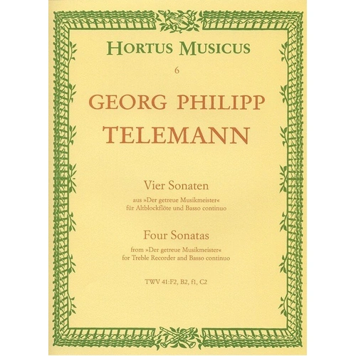 Telemann - 4 Sonatas for Treble Recorder and Piano, Intermediate to Advanced Level, Barenreiter Edition