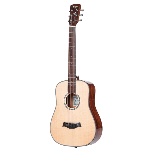 Saga BB1 Small Body Travel Acoustic Guitar Natural 34" Solid Sitka Spruce Top Mahogany Neck Rosewood Fingerboard Soft Case Included
