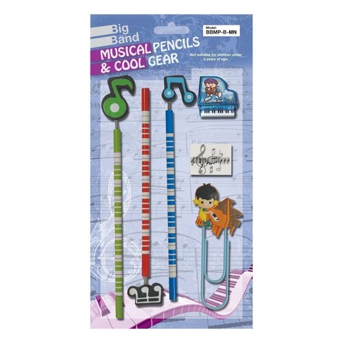 Big Band BBMP-B-MN Musical Note Pencil Set with Sharpener, Eraser, and Clip - Blue Pack
