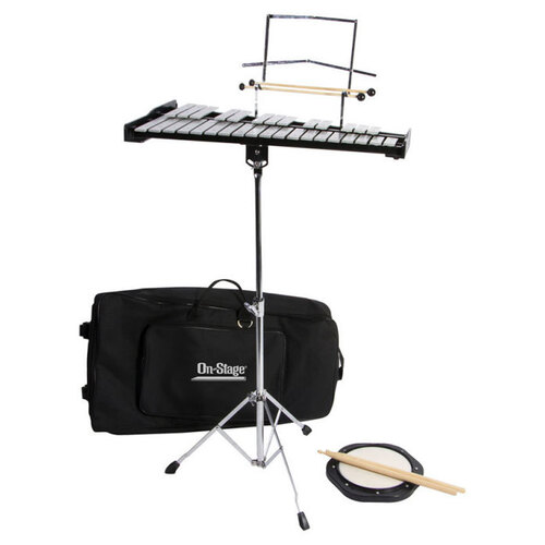 On Stage BSK2500 Bell Kit with Adjustable Stand, Practice Pad, Drumsticks, Double-Sided Mallets, and Carry Bag
