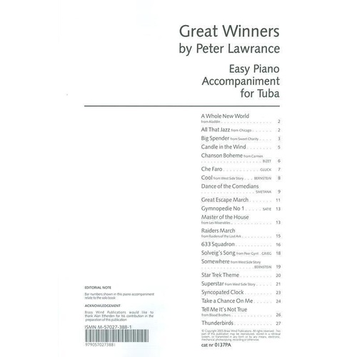 Great Winners for Tuba with Piano Accompaniment by Peter Lawrance