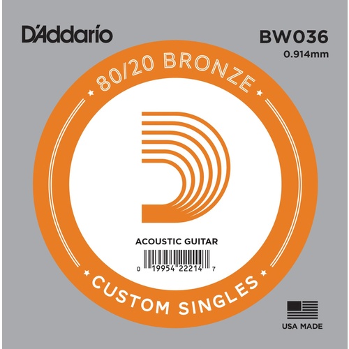 D'Addario BW036 Bronze Wound Acoustic Guitar Single String, .036