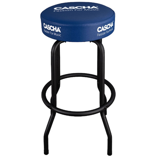 Cascha Bar Stool Black with Blue Padded Top, Sturdy Metal Frame, Artificial Leather, 35.5 cm Diameter, 76.5 cm Height
