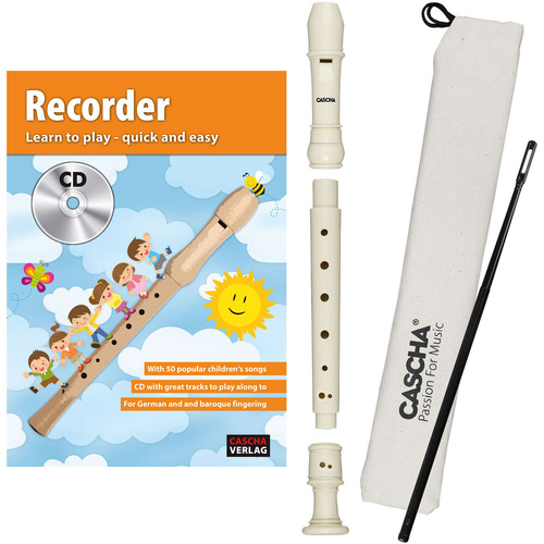 Cascha Ivory Descant Soprano Recorder Pack with Baroque Fingering, Book & CD, 3-Piece, ABS Plastic, Includes Pouch & Cleaning Rod