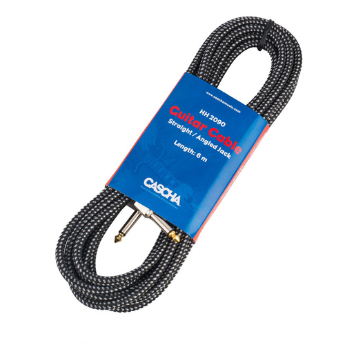 Cascha 20ft Instrument Cable with 1/4" Straight and Right-Angled Plug, Black Tweed, High Quality Metal Connectors, Gold-Plated Tip