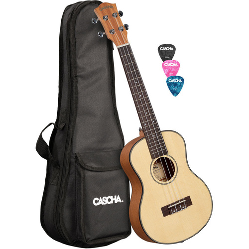 Cascha Left-Handed Tenor Ukulele Solid Spruce Top Natural Finish with Padded Bag and Picks