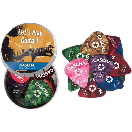 Cascha Metal Tin of 24 Assorted Celluloid Guitar Picks - Light, Medium, Heavy & Extra Heavy
