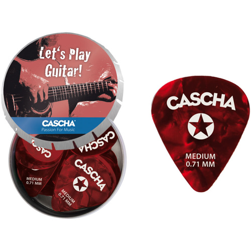 Cascha Metal Tin of 24 Medium Red Celluloid Guitar Picks (0.71mm)